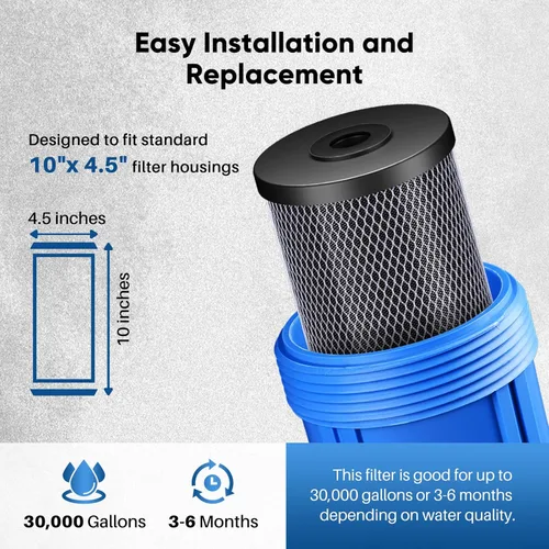 Miniatura 7 de Cartucho de repuesto para filtro de agua de carbón activado de cáscara de coco para toda la casa de 10" x 4.5" - Compatible con WFHDC8001, CB-BB-10