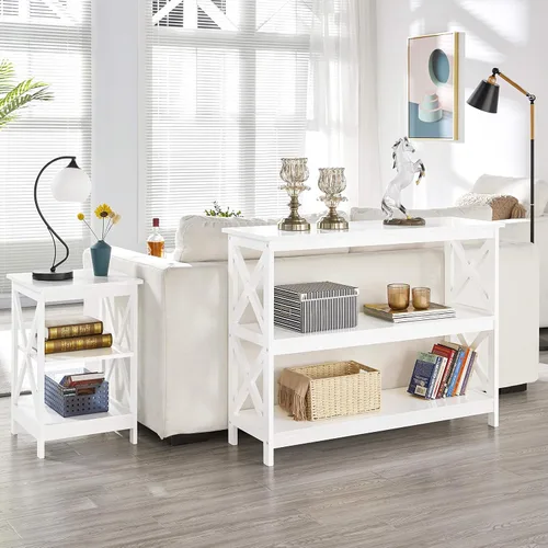 Miniatura 4 de Yaheetech Mesa auxiliar auxiliar de sofá con estante de almacenamiento de 3 niveles para sala de estar, espacio estrecho, color blanco