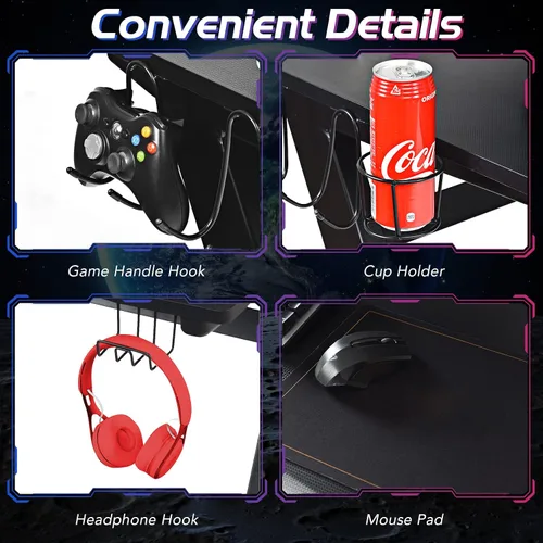 Miniatura 6 de Goplus Juego combinado de escritorio y silla para juegos, silla y escritorio de oficina en casa estilo carreras con soporte para tazas, gancho