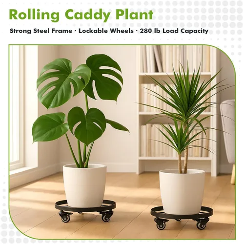 Miniatura 5 de Paquete de 3 posavasos de metal para plantas de 10.6 pulgadas, con ruedas, soporte rodante resistente para plantas con ruedas para interiores y Negro