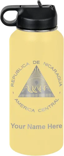 Miniatura 58 de LaserGram Botella de agua personalizada, bandera de Nicaragua, acero inoxidable de doble pared aislada al vacío con popote superior, regalo grabado
