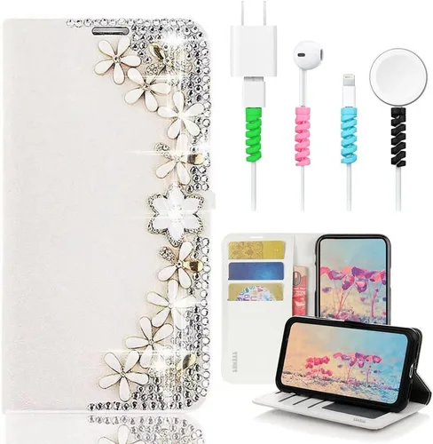 Miniatura 7 de Bling - Funda de piel tipo cartera compatible con iPod Touch 7ª generación (2019), diseño de flores y mariposas en 3D hechas a mano, con protector