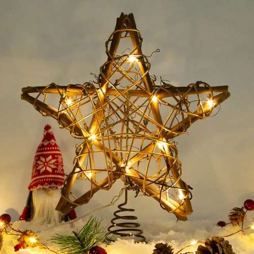 Miniatura 6 de LAWOHO Estrella para la Copa del Árbol de Navidad, Ratán Natural Marrón Rústico de 10 Pulgadas con 10 Luces Blancas Cálidas, Tres Funciones
