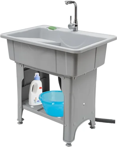 Fregadero de plástico independiente con tabla de lavadero, 31.5 x 22.05 pulgadas, fregadero de utilidad para interiores y exteriores con grifo de