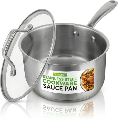 NutriChef Olla de acero inoxidable de 2 cuartos de galón con tapa, cacerola resistente con asas ergonómicas, para todas las estufas
