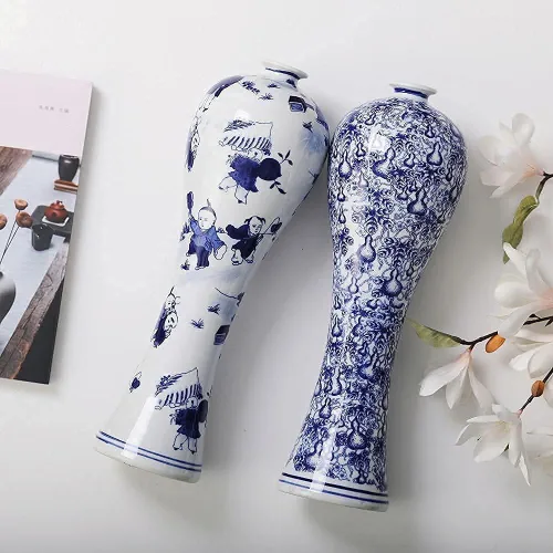Miniatura 7 de Jarrón de cerámica de porcelana azul y blanca de 13 pulgadas, hecho a mano, decorativo para sala de estar, decoración del hogar, oficina, centro