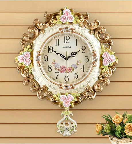 Miniatura 5 de Reloj de pared Silencioso Estilo Europeo Sala de estar Decoración del Hogar Dormitorio Relojes de Cuarzo Flor Tallado Retro Swing Reloj