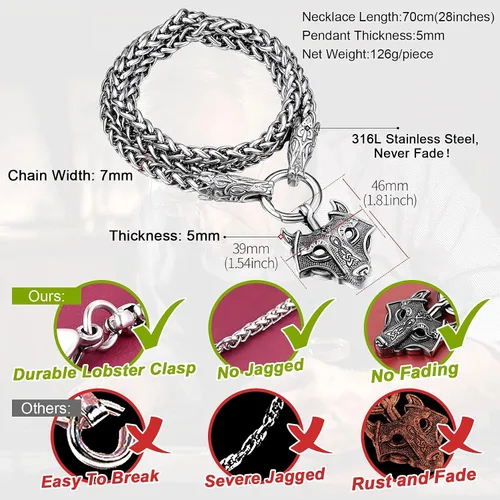 Miniatura 3 de FaithHeart Collar grueso de collar vikingo nórdico punk, de acero inoxidable, nudo celta, cabeza de lobo, amuleto, joyería de regalo