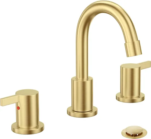 Phiestina Grifo de lavabo de baño de 3 agujeros generalizado de oro cepillado, juego de llave de baño de 8 pulgadas con drenaje emergente de metal y