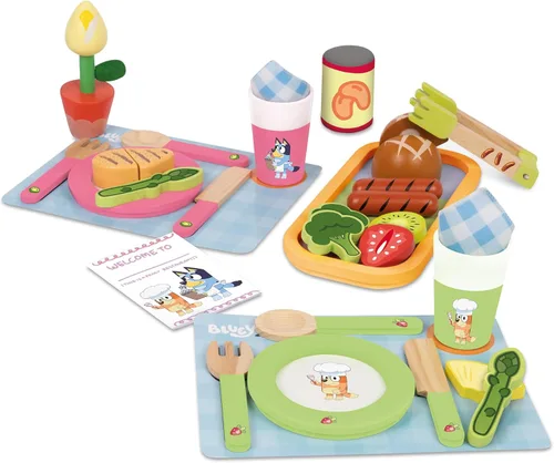 Bluey Frutas y verduras de juguete para niños pequeños, 32 piezas de comida de simulación con platos, utensilios, comida de juego para bebés y