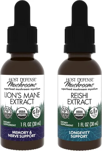 Host Defense Paquete con extracto de melena de león, 1 onza líquida y extracto de reishi, 1 onza líquida – Apoya la salud cerebral, la memoria y la