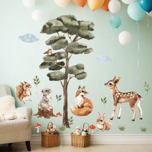 Miniatura 8 de Amaonm - 4 hojas de 12 x 36 pulgadas, calcomanías de pared de árbol de bosque gigante, bosque, ciervo, oso, conejo, zorro, ardilla, pájaros, pino