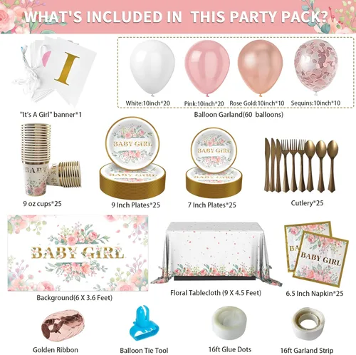 Miniatura 2 de Decoraciones de baby shower para niña, 242 piezas de decoraciones florales para baby shower, suministros de fiesta con fondo, vajilla desechable