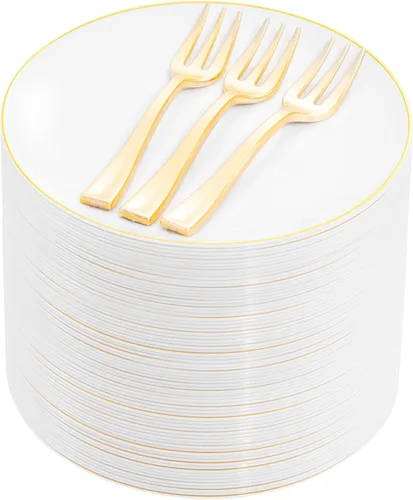 Miniatura 9 de Festiva 200 platos de postre dorados con purpurina de 6.3 pulgadas con tenedores de 5 pulgadas, platos pequeños de plástico para postre, pasteles