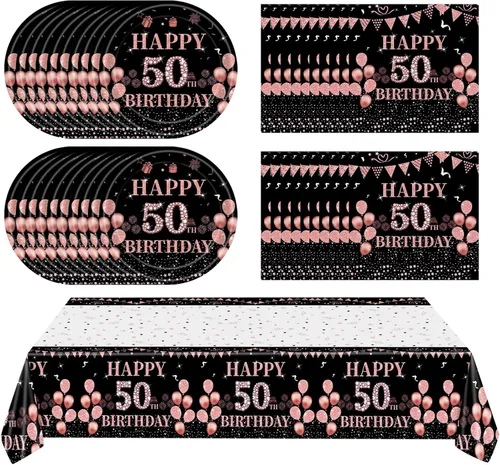 Ryzovo - Decoraciones de cumpleaños 50 para mujer, platos de papel desechables negro y oro rosa, suministros de fiesta para 20 invitados, 41 piezas