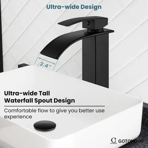 Miniatura 5 de gotonovo Grifo de Baño Alto Tipo Cascada de Una Sola Manija Grifos de Baño para Lavabo de 1 Orificio Grifo de Lavabo Vessel de Acero Inoxidable