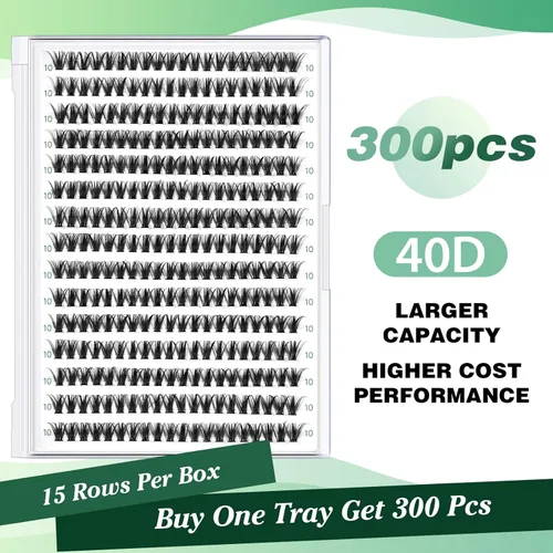 Miniatura 96 de Extensiones de racimos de pestañas 300 piezas, pestañas individuales 40D 0.07D rizado 11mm, para colocar en casa, bandeja grande de volumen