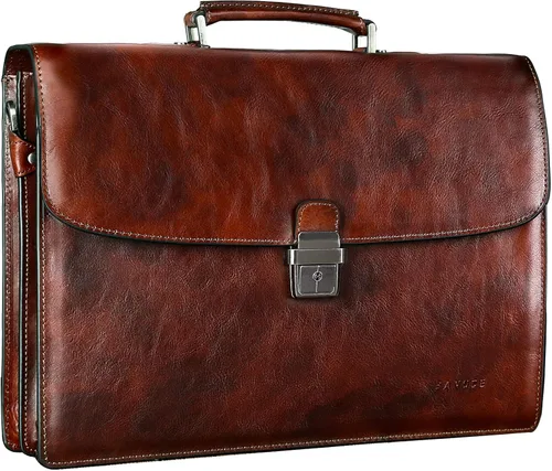Banuce Maletín de cuero italiano de grano completo para hombre, con cerradura de abogado, 15.6 pulgadas, bolsa de trabajo vintage, color marrón,