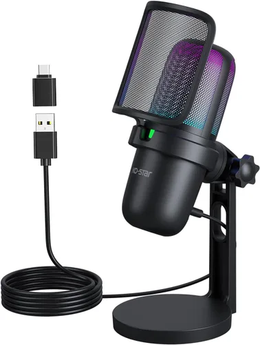Micrófono USB para juegos de transmisión, micrófono de escritorio de condensador de PC para video, uso doméstico, YouTube, con control RGB, perilla