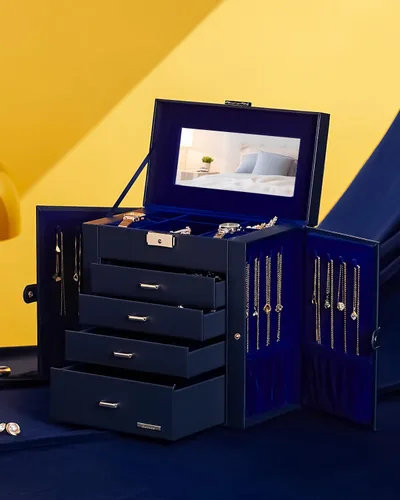 Miniatura 62 de Homde Regalos de Navidad de cuero sintético, enorme joyero, organizador de reloj con espejo, collar, anillo y aretes, estuche de regalo con Dorado