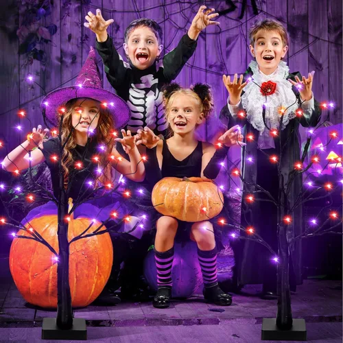 Miniatura 4 de Ganeen 2 piezas de decoración de Halloween para interiores de 24 pulgadas/2 pies iluminados naranja y morado árbol de abedules con temporizador, 48