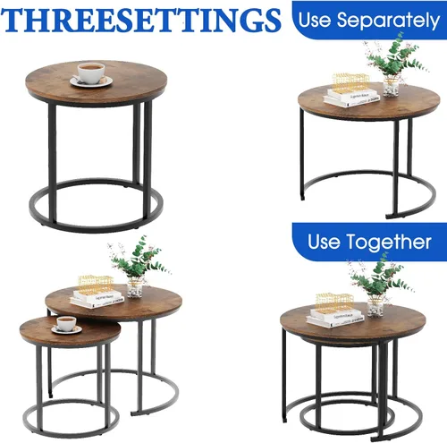Miniatura 6 de aboxoo - Mesa de centro apilable redonda, juego de 2 mesas laterales con marco de metal resistente para sala de estar, dormitorio, apartamento