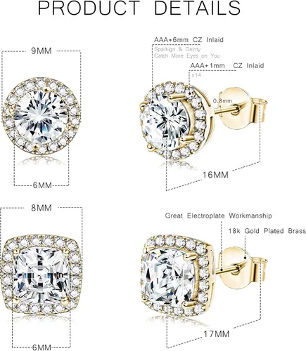 Miniatura 6 de Udalyn 6 pares de aretes tipo halo para mujer chapados en oro blanco de 18 quilates y oro rosa redondos cuadrados con circonita cúbica brillante