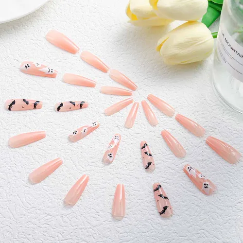 Miniatura 6 de Uñas postizas de Halloween con diseño de ataúd, uñas postizas acrílicas extralargas con diseños, uñas postizas de cobertura completa con gel, 24