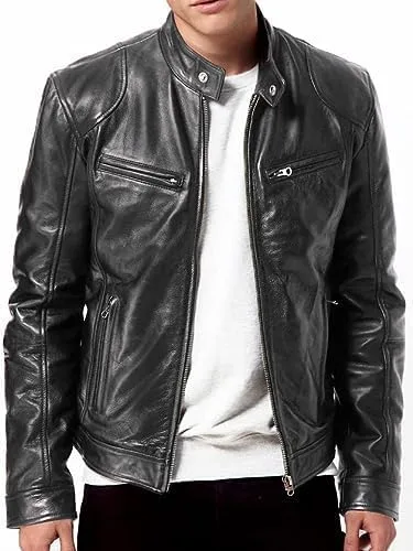 Chaqueta de piel de cordero real para hombre, para motocicleta, Cafe Racer, ajuste delgado, vintage, de piel auténtica