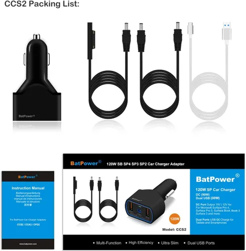 Miniatura 7 de BatPower CCS2 - Cargador de coche para computadora portátil de alta potencia, 120 W, compatible con Microsoft Surface Book Laptop 4 3 2 1 Surface