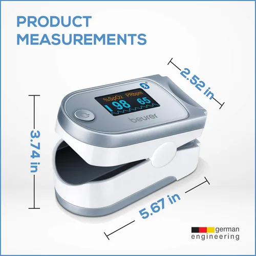 Miniatura 9 de Beurer Oxímetro de pulso digital Bluetooth para la punta del dedo, monitor de saturación de oxígeno en sangre y frecuencia cardíaca con accesorios