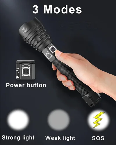 Miniatura 2 de Linterna recargable de alto lúmenes, linternas LED de mano súper brillantes, luz de flash USB C de alta potencia, 3 modos de zoom, impermeable