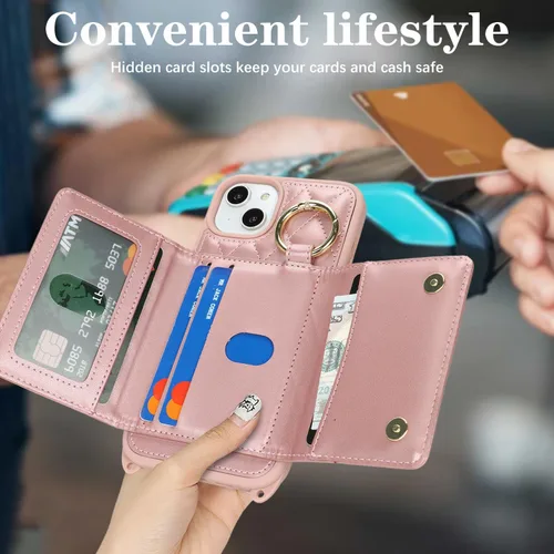 Miniatura 3 de Funda para iPhone 14 Plus con tarjetero y correa para mujer, cordón cruzado, espejo de maquillaje, soporte de anillo, cierre a presión, bonitas Rosa