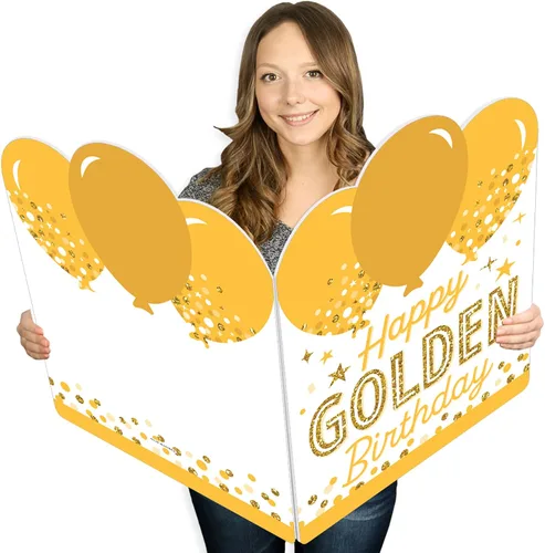 Big Dot of Happiness Golden Birthday – Tarjeta de felicitación gigante de feliz cumpleaños – Tarjeta jumborifica de forma grande – 16.5 x 22 pulgadas