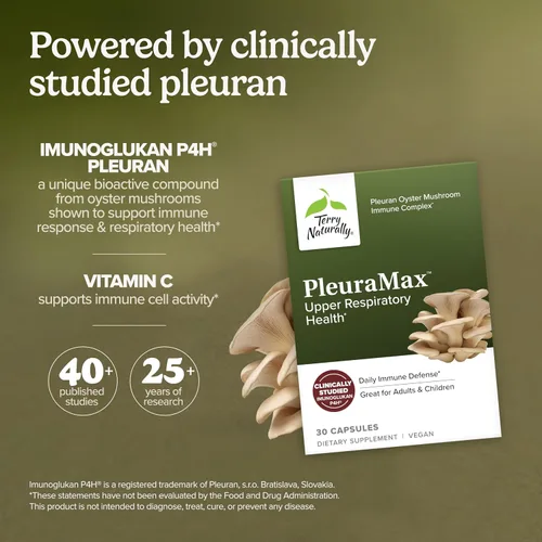 Miniatura 3 de Terry Naturally PleuraMax - Suplemento de salud respiratoria superior - Procedente de hongos ostra - Incluye vitamina C para apoyo inmunológico