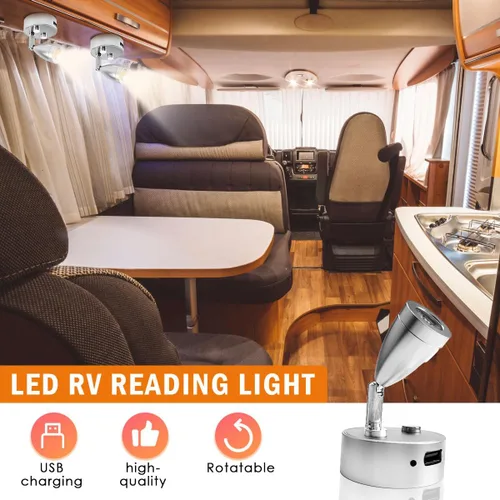Miniatura 6 de 2PCS Foco LED RV de 12V - 24V Tamaño Pequeño Luz de Lectura Puerto de Carga USB Foco Giratorio 360°, Cualquier Toque Regulable 3500K Luz Cálida