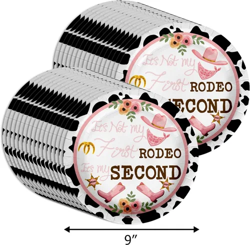 Miniatura 2 de 2º cumpleaños de Rodeo – 32 piezas desechables para fiestas – Decoraciones para niña Cowgirl Second Birthday – Platos de papel grandes de 9 pulgadas