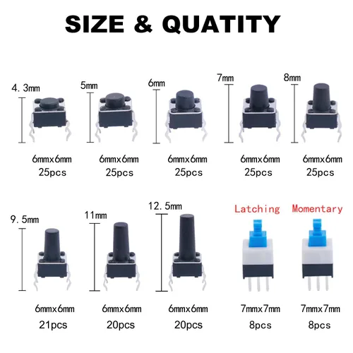 Miniatura 2 de TWTADE 160 interruptores de botón táctil momentáneo + 202 interruptores táctiles momentáneos 10 valores 4 pines interruptor de botón táctil táctil