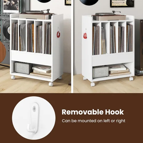 Miniatura 6 de Giantex Soporte para tocadiscos, soporte giratorio con cajón, gancho y ruedas con bloqueo, estante de exhibición de discos de vinilo con capacidad