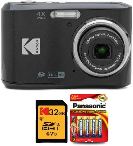 Kodak PIXPRO FZ45 Cámara digital (negra) Paquete con tarjeta de memoria SDHC de 32 GB Clase 10 UHS-I U1 y pilas alcalinas de alto rendimiento AA