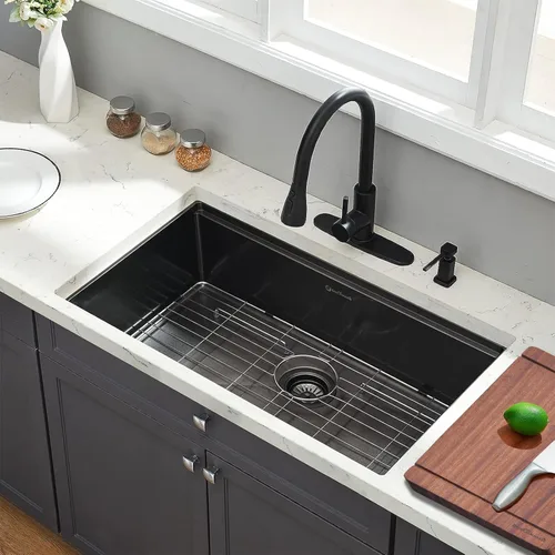 Miniatura 9 de Fregadero de cocina de montaje inferior, fregadero de cocina de acero inoxidable calibre 16, fregadero de cocina de 33 x 19 x 10 pulgadas