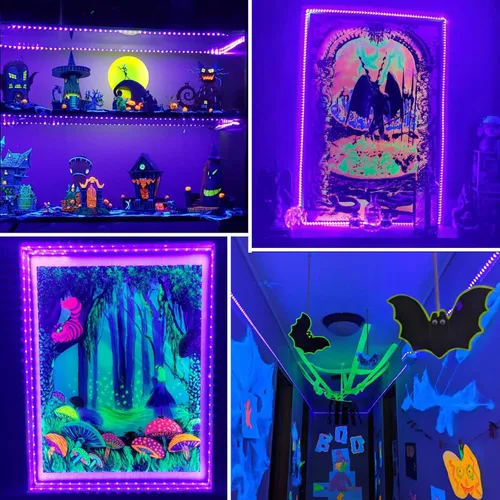 Miniatura 2 de Tiras de luz LED negras de 6.6 pies, 120 tiras LED UV a pilas para fiesta brillante, Halloween, vidrio, póster, pintura, batería no incluida