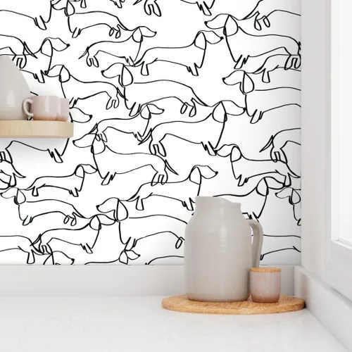 Miniatura 8 de Papel tapiz para despegar y pegar, diseño de líneas blancas y negras de perro salchicha de Weiner Dogs, papel tapiz extraíble personalizado por