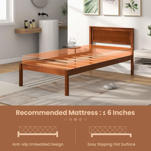Miniatura 6 de Giantex Base de cama individual con cabecero, cama de plataforma de madera maciza con soporte de listones de madera, cama individual