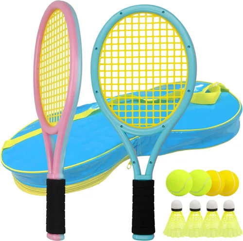 Miniatura 10 de Raqueta de tenis infantil para bebés, niños y niños de 3 a 15 años, juego de raquetas de tenis para niños pequeños que incluye 4 volantes, 2 pelotas