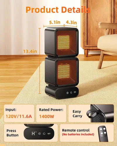 Miniatura 8 de Calentador portátil de doble cabezal, rotación manual de 270°, oscilación automática de 45°/90°/120°, calentador de escritorio de bajo consumo