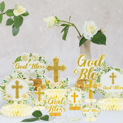 Miniatura 6 de ANGOLIO Centros de mesa florales de panal en oro blanco - 12 piezas, decoración de romero verde para bautizo, centro de mesa para baby shower