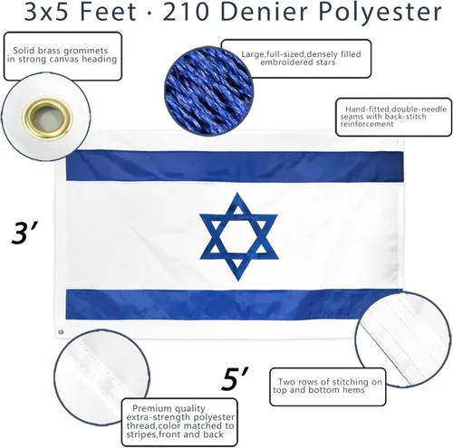 Miniatura 2 de Bandera de Israel de la serie Anley EverStrong de 3x5 pies de alta resistencia - rayas bordadas y cosidas - 4 filas de costuras en el borde
