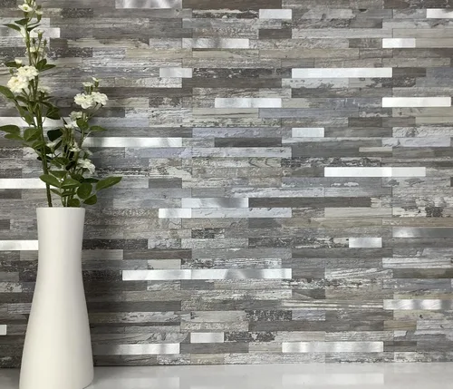 Miniatura 6 de DICOFUN - Azulejo adhesivo de loseta en muro de PVC para la cocina, estilo madera vieja, 1 lámina Madera envejecida y metal plateado