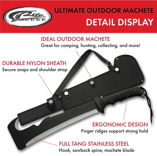Miniatura 2 de SZCO Supplies Hook and Sawback Machete 19.5 pulgadas - Cuchillos de campamento negros con mango de goma, hoja y funda de acero inoxidable - Machete